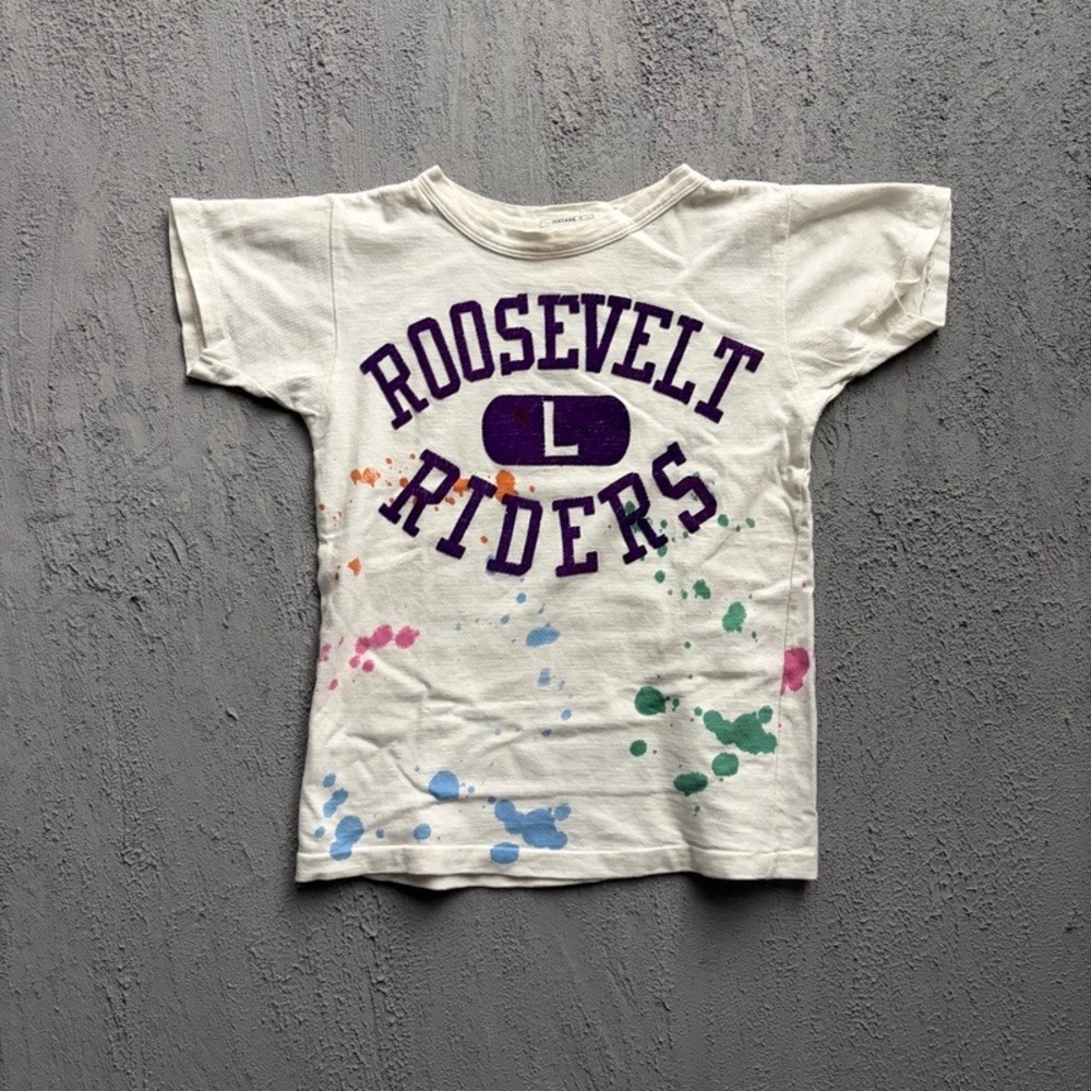 Denim Dungaree T Shirt Medium 130CM White Roosevelt Riders Japan Baby Tee